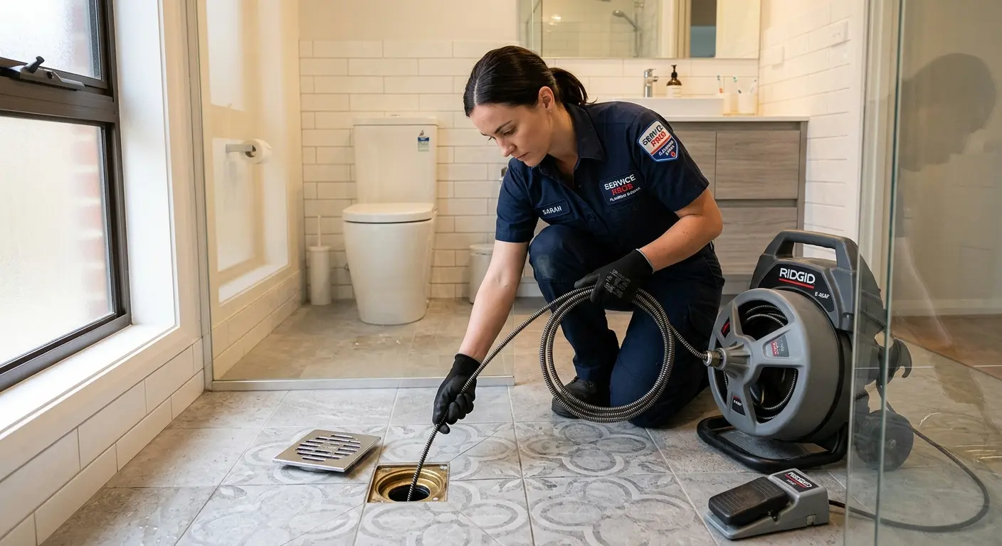 Technician clearing a bathroom floor drain for Drain Repair in Greenville